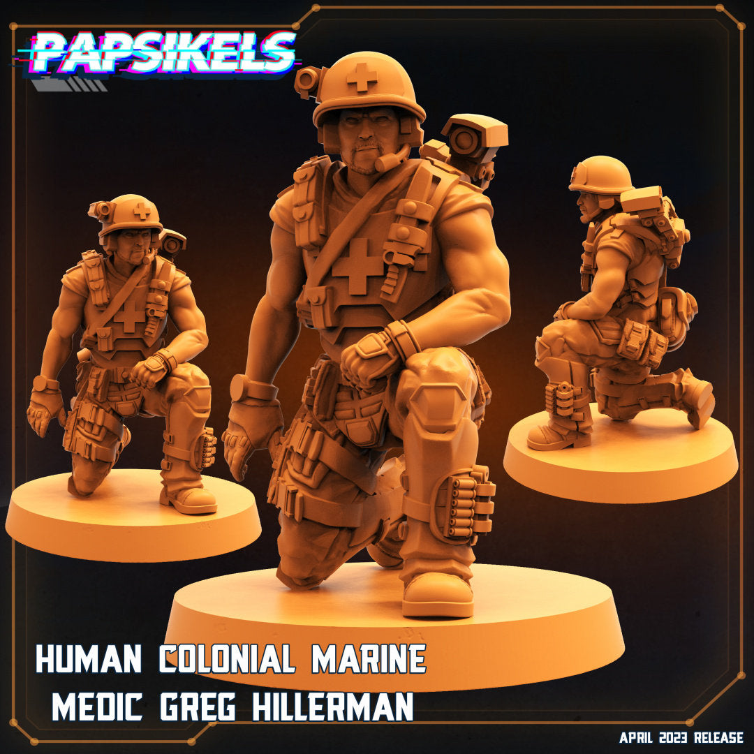 Space Marine Medic Greg Hillerman - 32mm Scale Alien Miniature | RPG | Sci fi | Cyberpunk | Role Playing | DnD | Papsikel