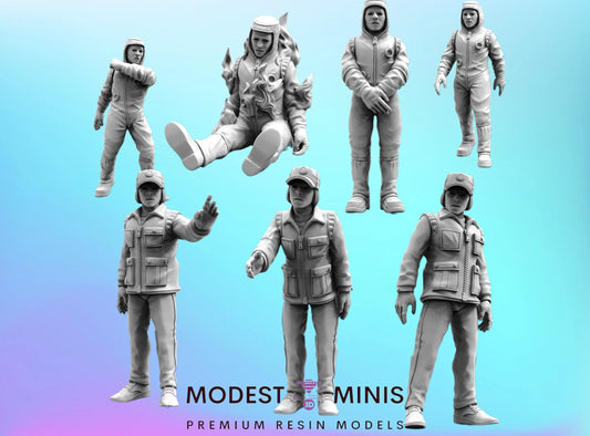 a collection of seven different models of people, including a person in a suit, a person in a hat, and a person in a uniform. The models are arranged in a grid-like pattern against a blue background.