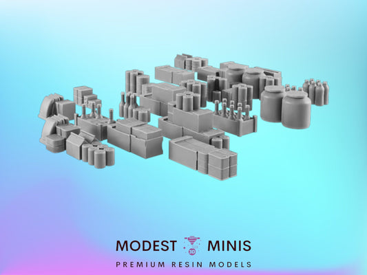 25pc Grocery Stock Items Set | 28mm - 54mm Scale | Survivor Terrain | Fantasy Scatter | Sci Fi Terrain | EC3D Badlands
