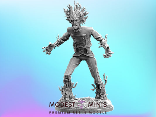 A 3D model of a character with a spiky head and a muscular build, standing on a platform and appearing ready for action.