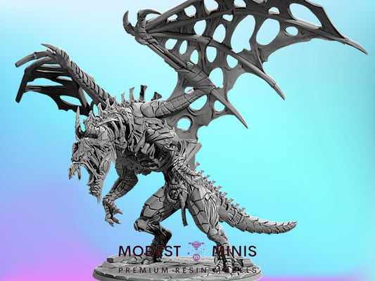 A detailed, intricate model of a winged, armored dragon-like creature with sharp teeth and claws, set against a vibrant blue background.