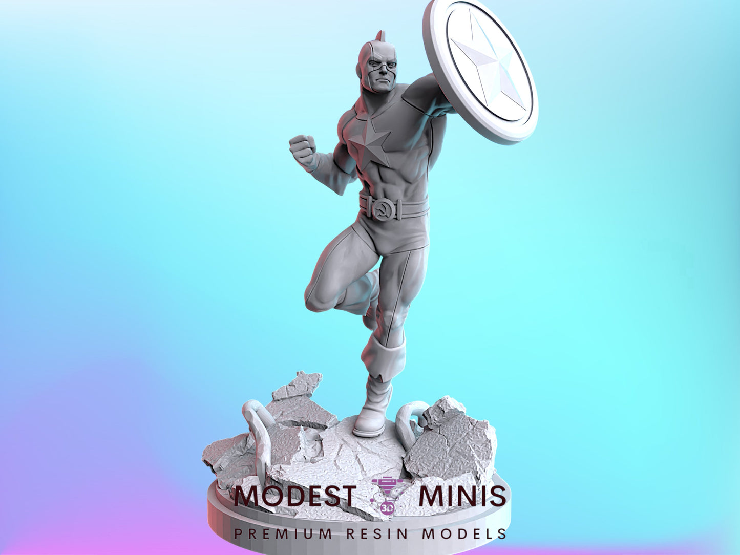 A 3D model of a superhero character, specifically Captain America, standing on a base and holding a shield.