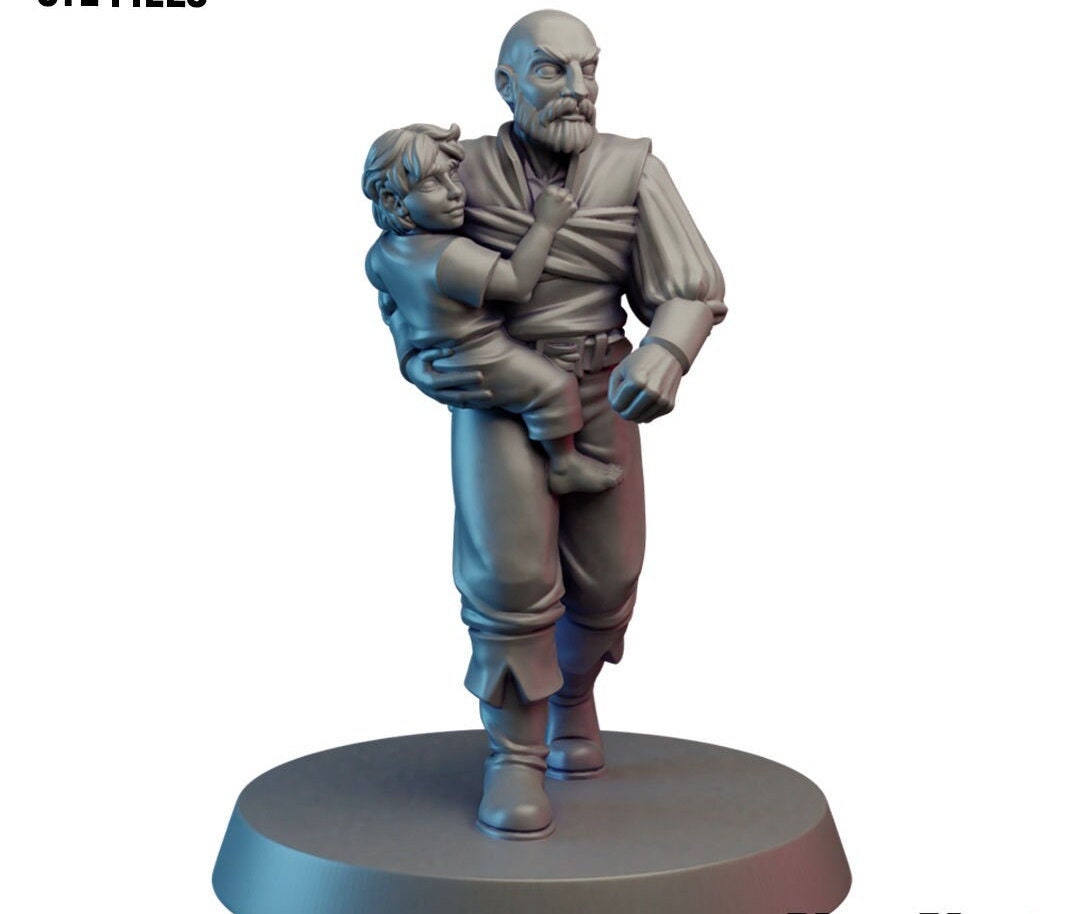 Dad with Kid | 28mm - 75mm Scale | DnD Frostgrave Mini | Vae Victis Fantasy