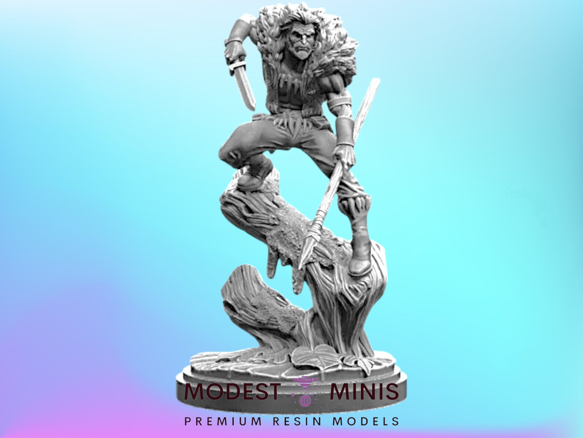 A statue of a warrior figure, holding a sword and shield, standing on a rock formation against a blue background.