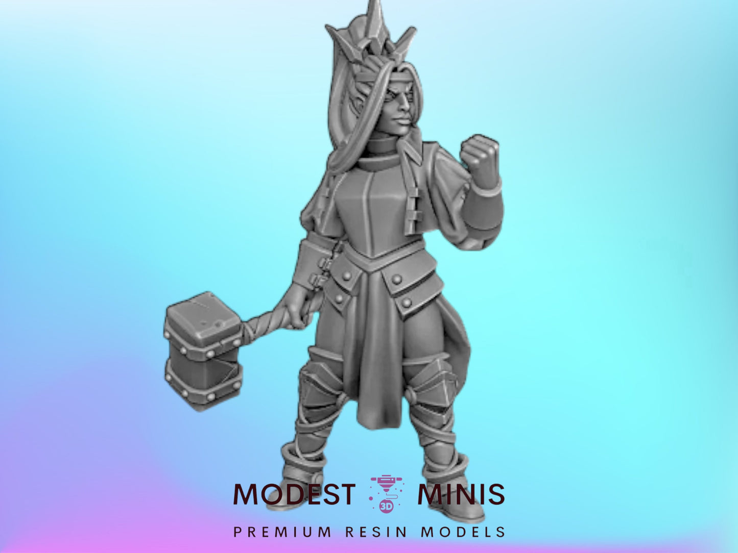 A figurine of a female character with a sword and a crown, standing against a blue background.