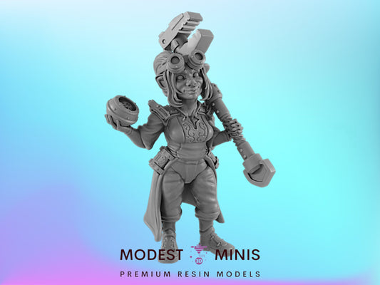 Gnome Female Mechanic | 25mm to 100mm Steampunk Mini | DnD | EC3D