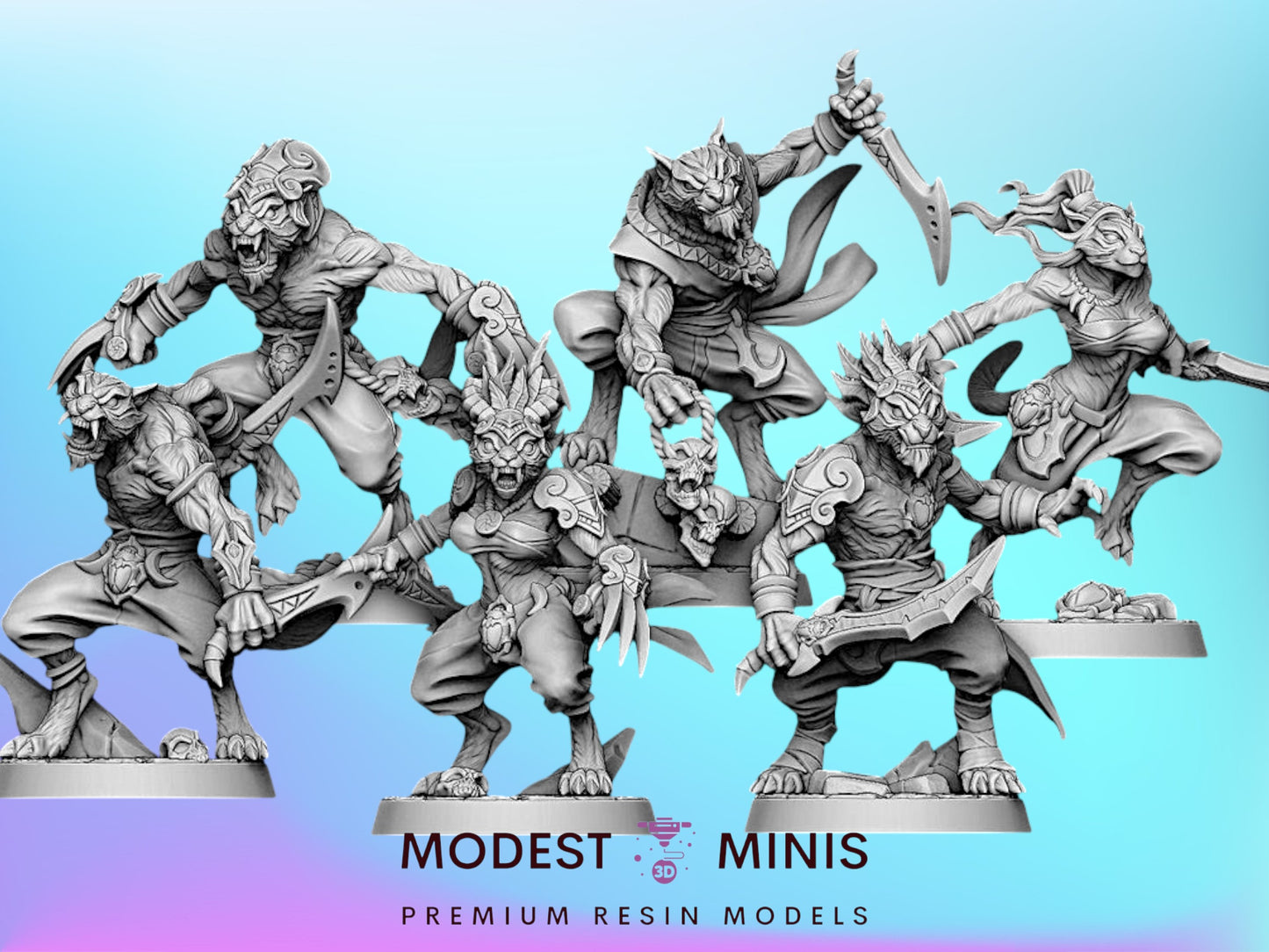Modular Rakshakin Headhunters | 28mm - 75mm Scale Resin Minis | DnD | Artisan Guild Tabaxi