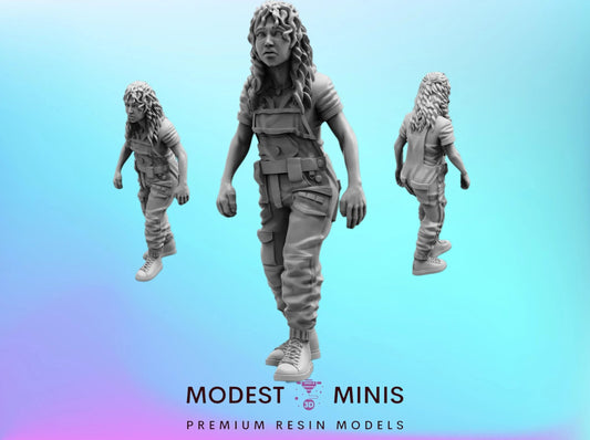 three models of a female character, each in a different pose, against a blue background.