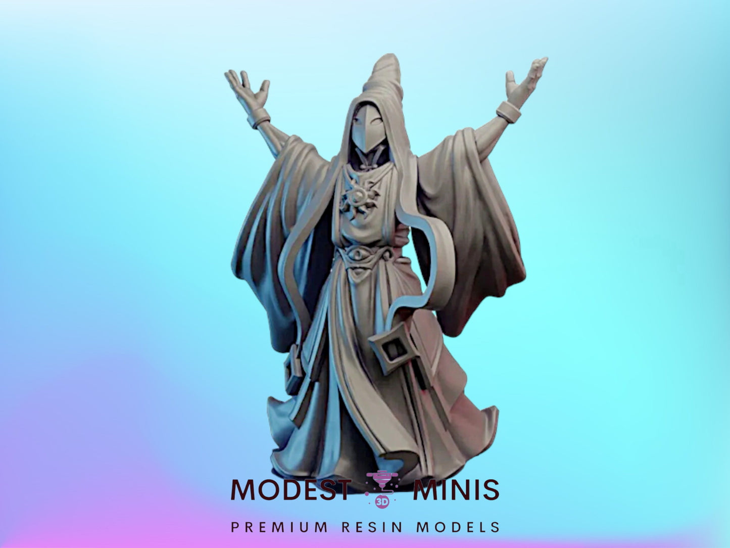 A statue of a wizard or magical figure with outstretched arms, wearing a flowing robe and holding a staff, against a blue background.