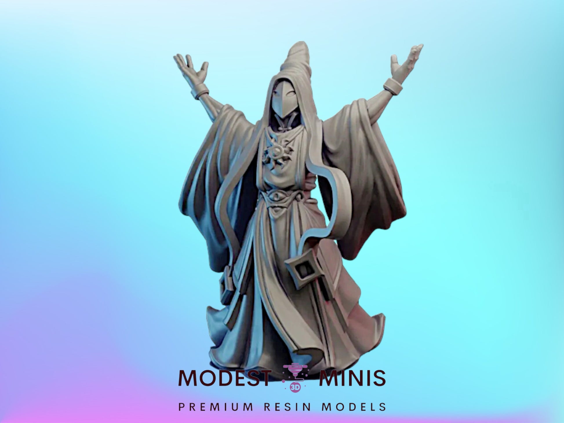 A statue of a wizard or magical figure with outstretched arms, wearing a flowing robe and holding a staff, against a blue background.