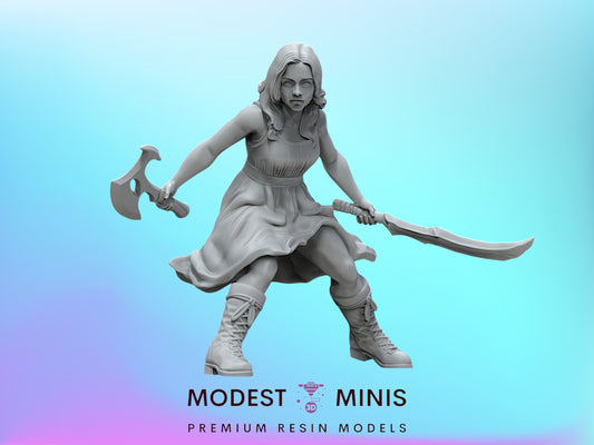 A statue of a woman holding a sword and shield, with the text "MODEST MINIS PREMIUM RESIN MODELS" below the image.