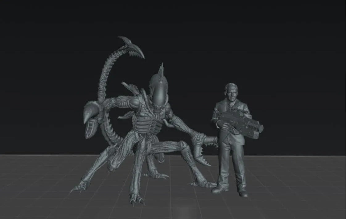 A 3D model of a large alien creature with multiple arms and legs, and a human figure holding a large gun.