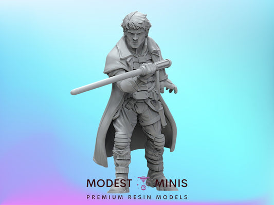 A 3D model of a character holding a weapon, standing against a blue background.