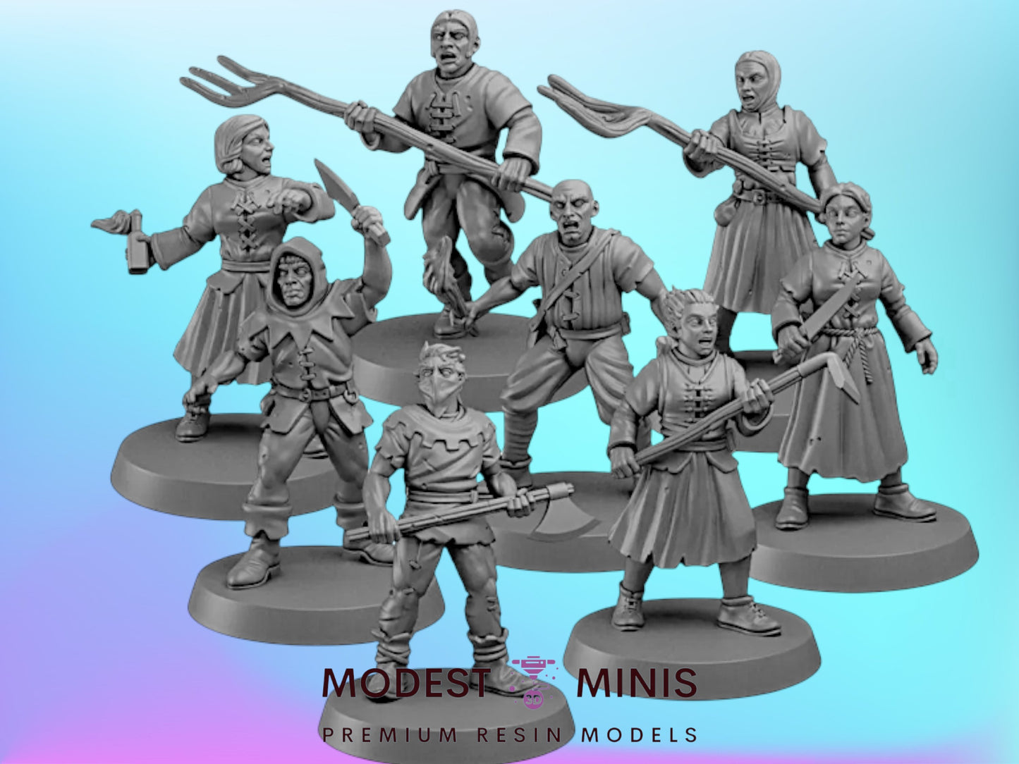 a group of six figurines, each with unique poses and weapons, arranged on a surface.