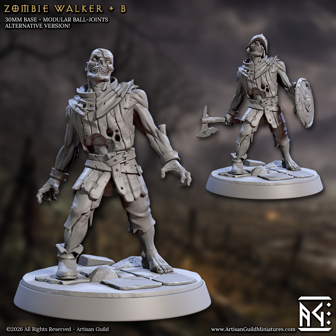 two zombie walker figurines, each with a different pose and weapon, set against a dark, moody background.