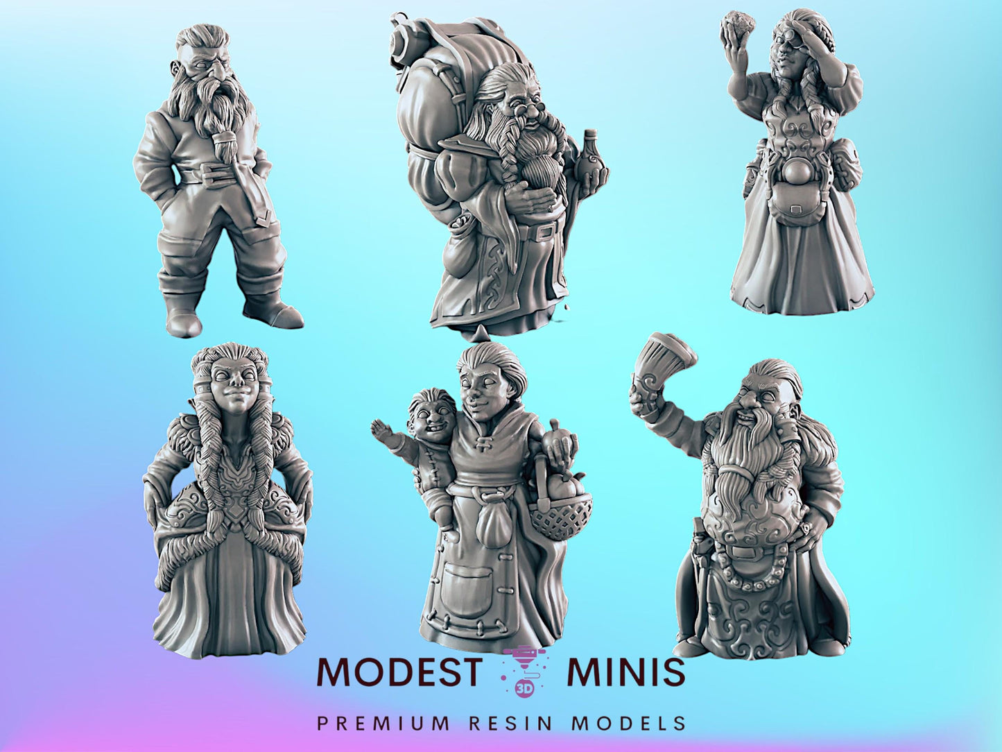 Dwarven Commoners and Nobles  | 25mm - 100mm Scale | DnD | EC3D Fantasy Mini | Everyday Folk
