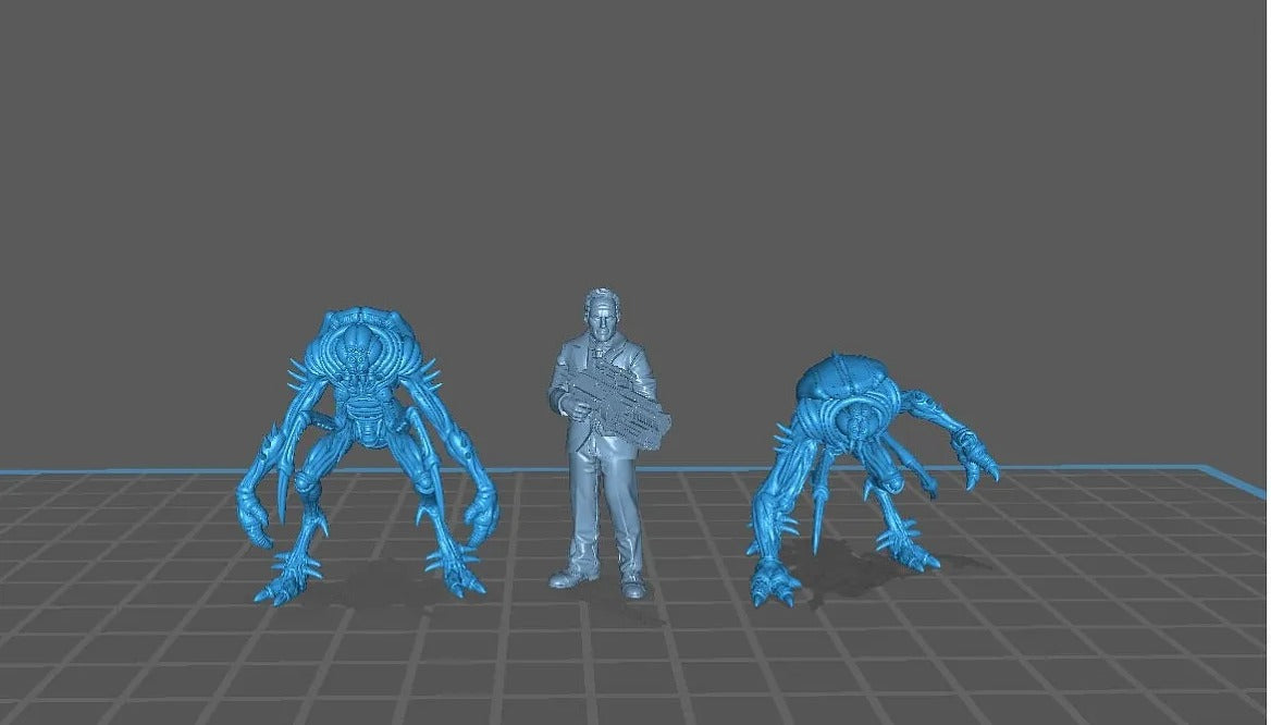 A 3D model of a man standing between two blue creatures, one on each side, in a grid-like pattern.