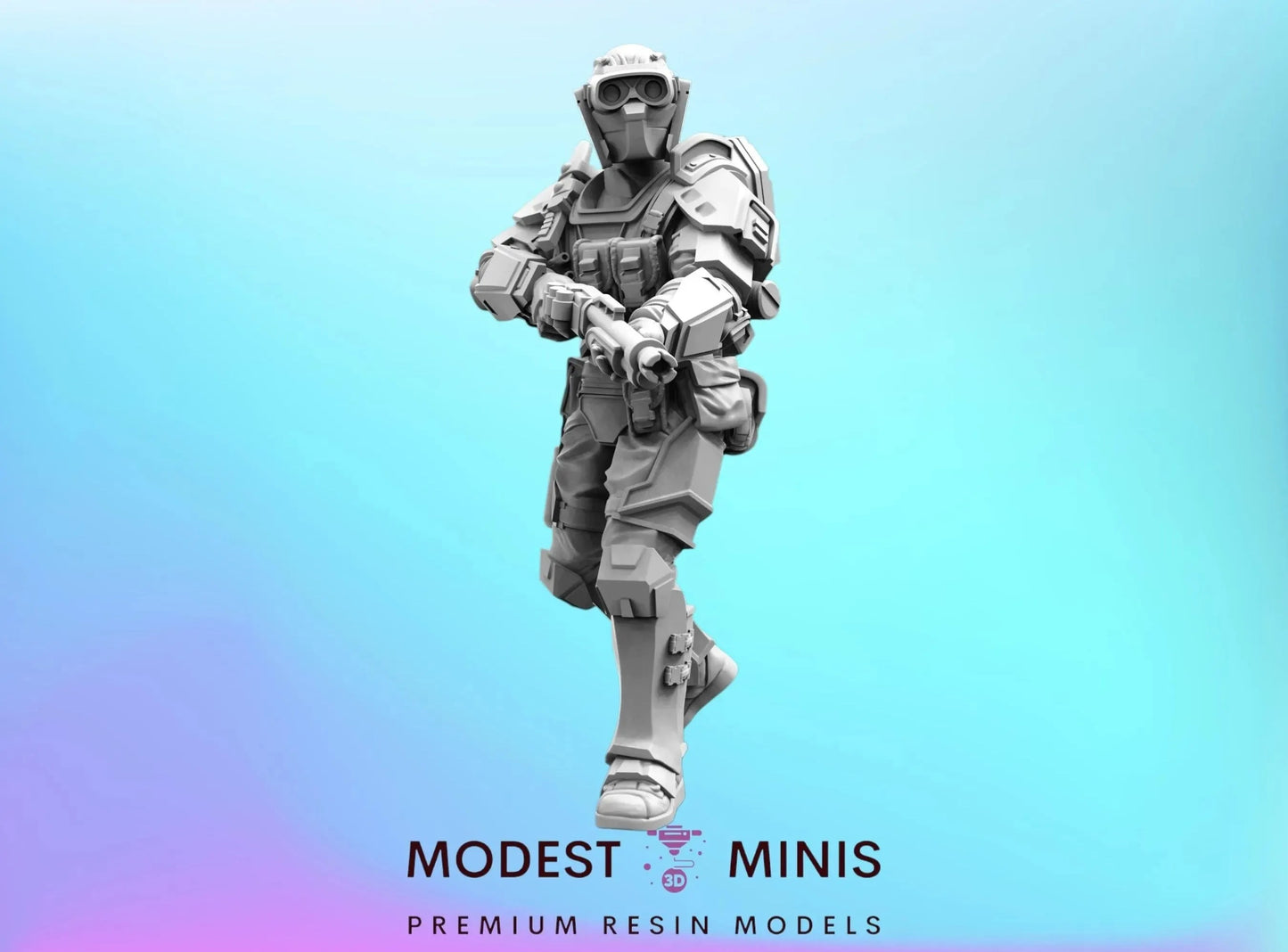 A 3D model of a futuristic-looking soldier in a fighting stance, wearing a helmet and carrying various equipment.