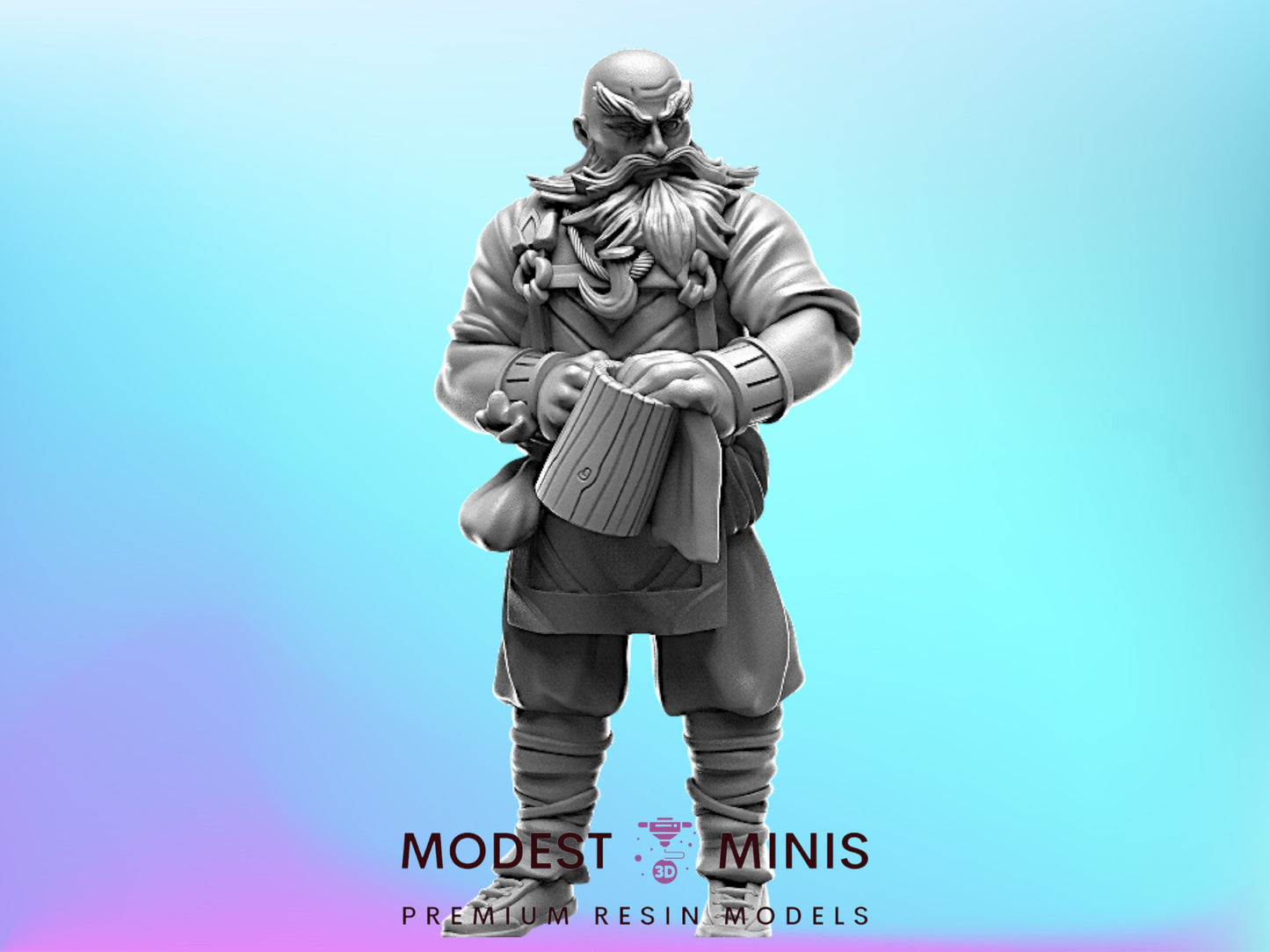 A 3D model of a bearded man wearing a hat and holding a bag, standing against a blue background.