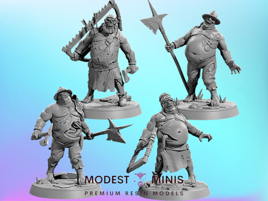 four figurines of characters, each with different poses and weapons, arranged in a row against a blue background.