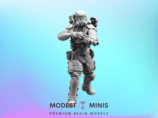 A 3D model of a futuristic soldier in a white suit, helmet, and carrying a weapon, set against a blue gradient background.