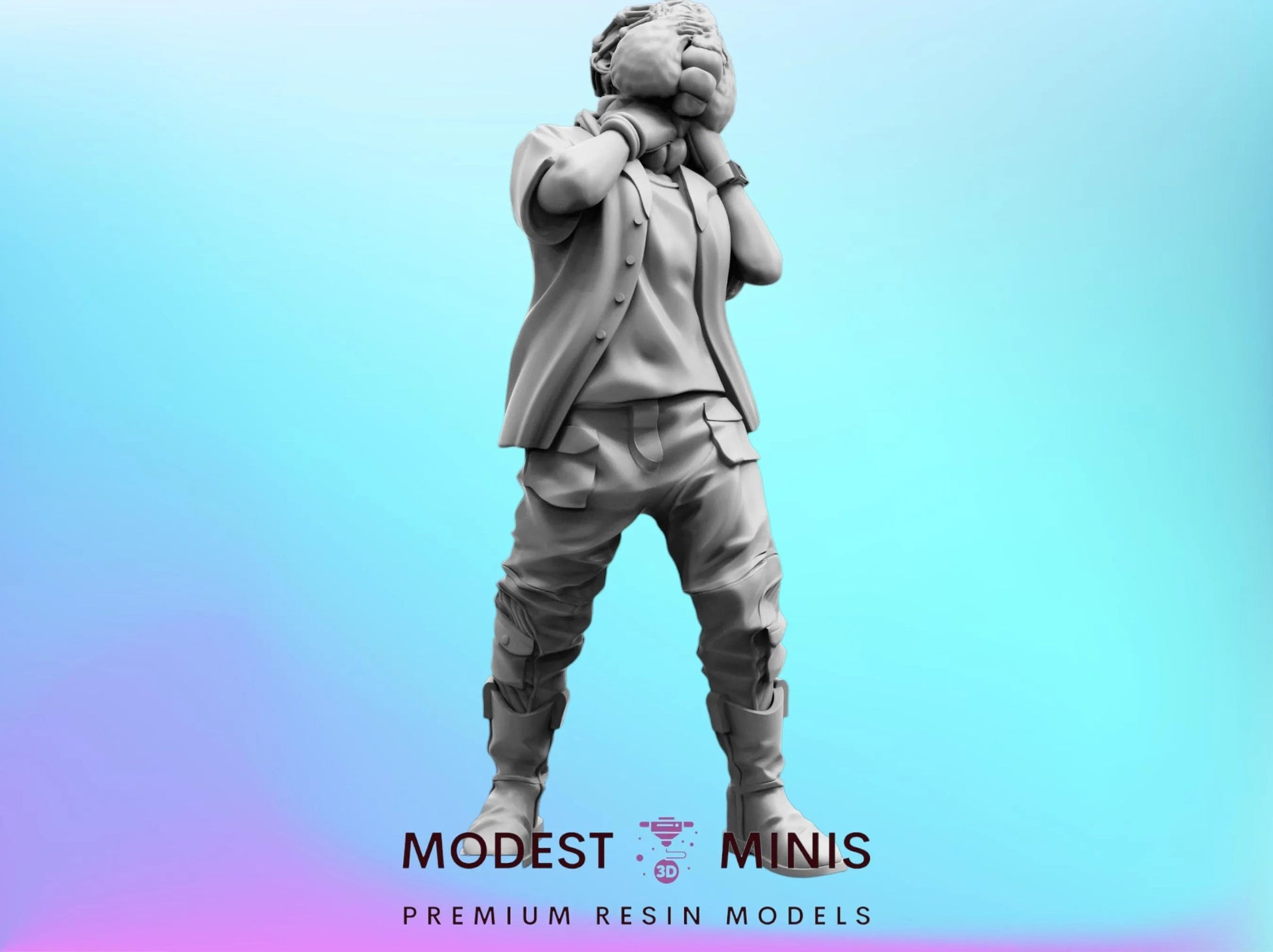 A statue of a person standing with their hands on their face, against a blue background.