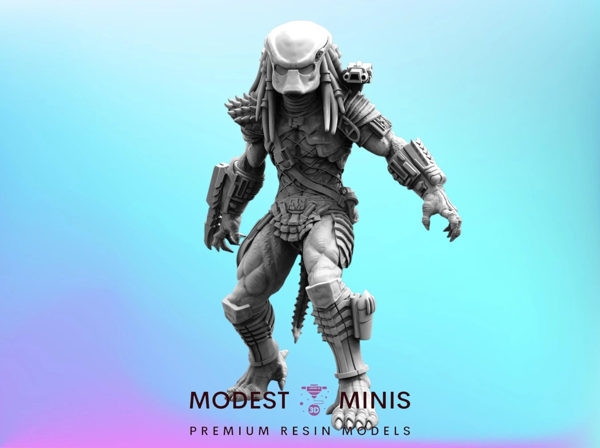 A 3D model of a predator-like character with a futuristic appearance, standing against a blue background.