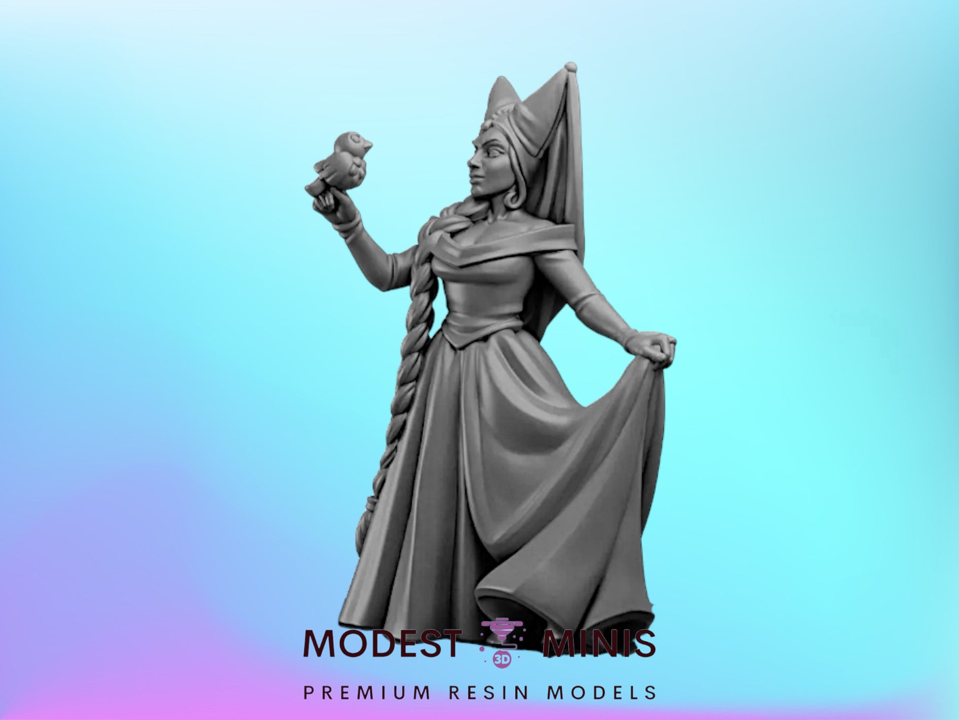 A statue of a woman in a long dress holding a bird, with a crown on her head, against a blue background.