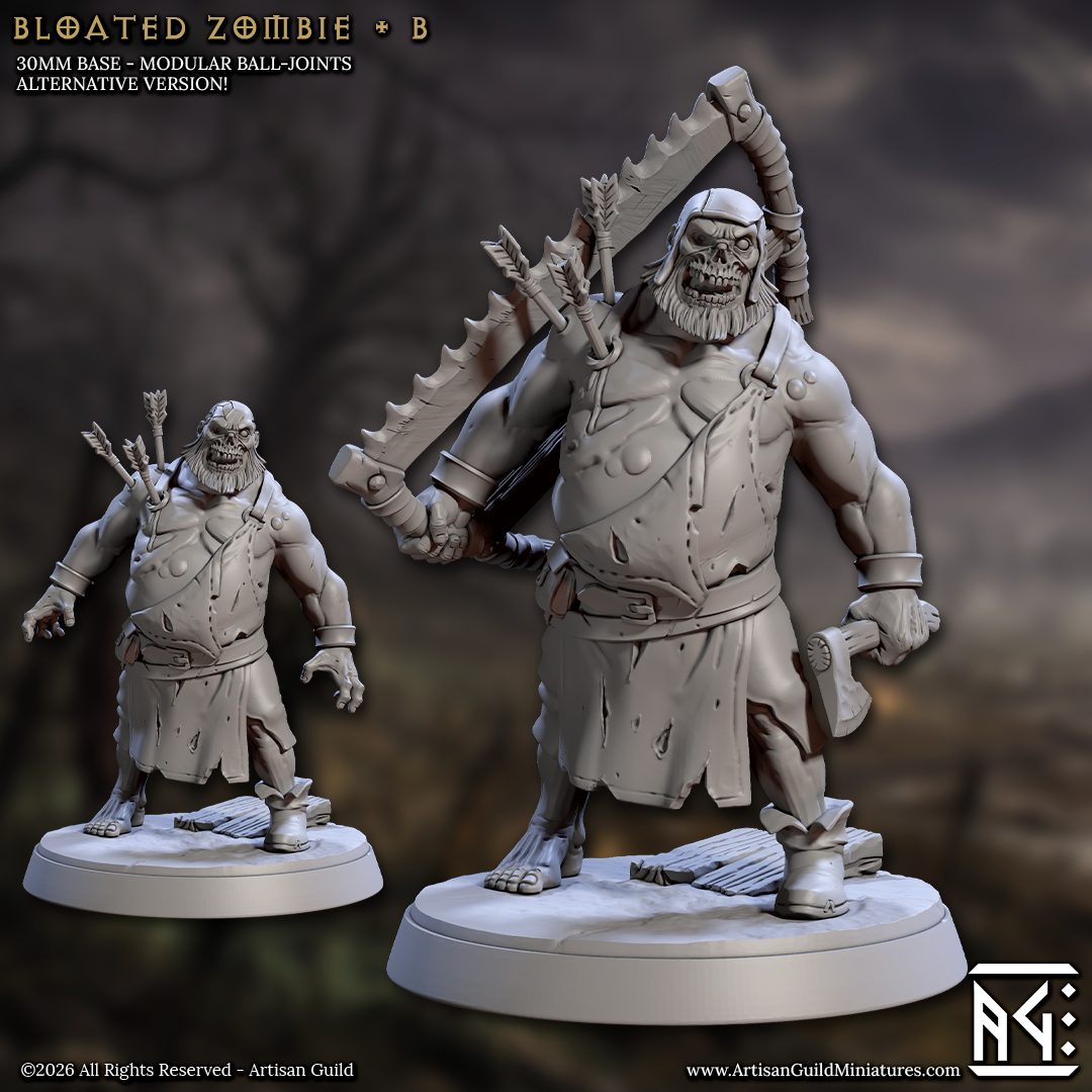 a 3D model of a zombie-like character with a large, curved weapon, standing on a base. The character appears to be a modified ball-joint version of a zombie, with a beard and a large head. The image is a collage of two smaller versions of the same character, with the larger version on top and the smaller one below.