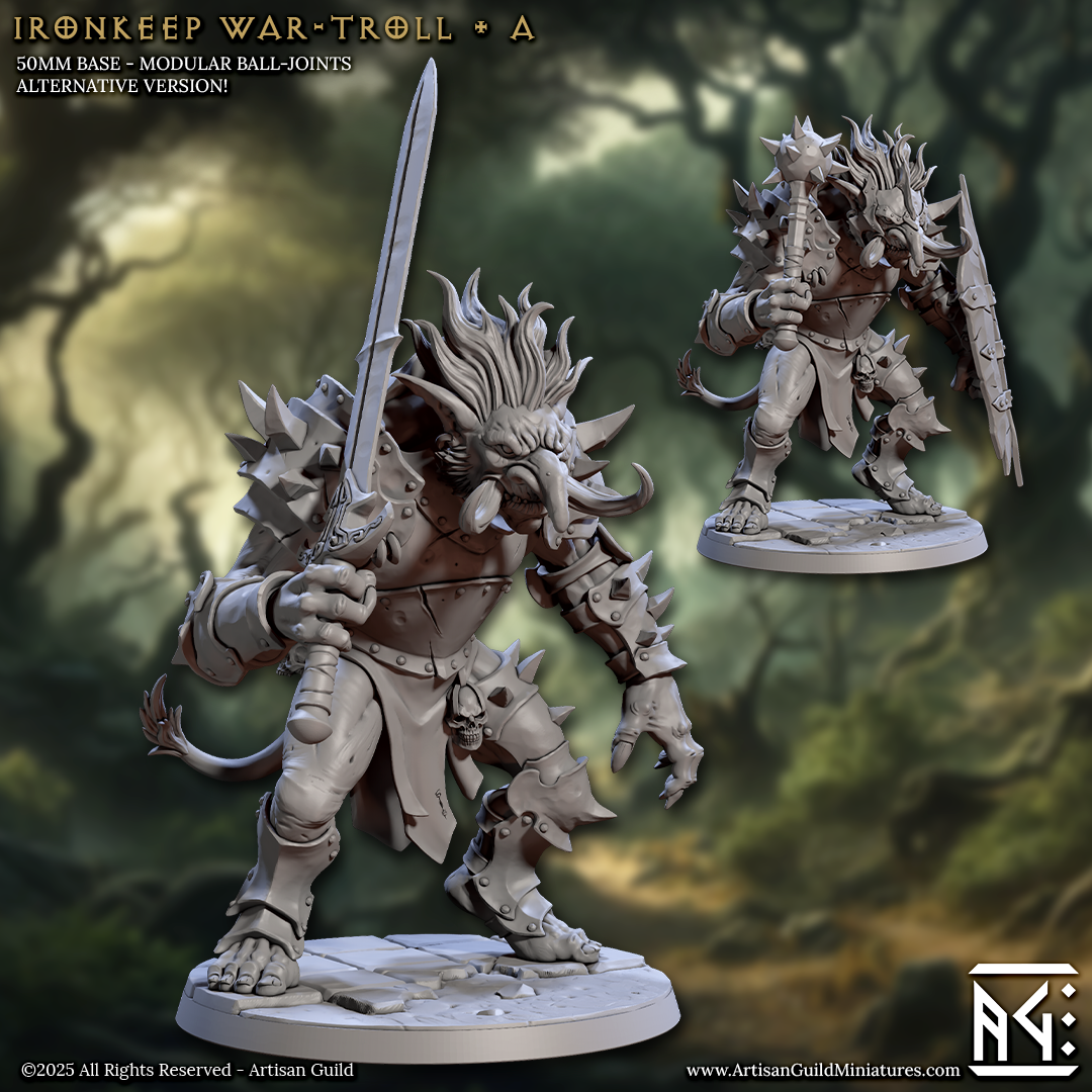two detailed models of a fantastical creature, possibly a mythical or magical being, with intricate armor and weapons. The creature is shown in various poses, showcasing its strength and power. The background is a lush, green forest, providing a natural and immersive setting for the scene. The image does not contain any text, and the creature and its surroundings are the main focus.
