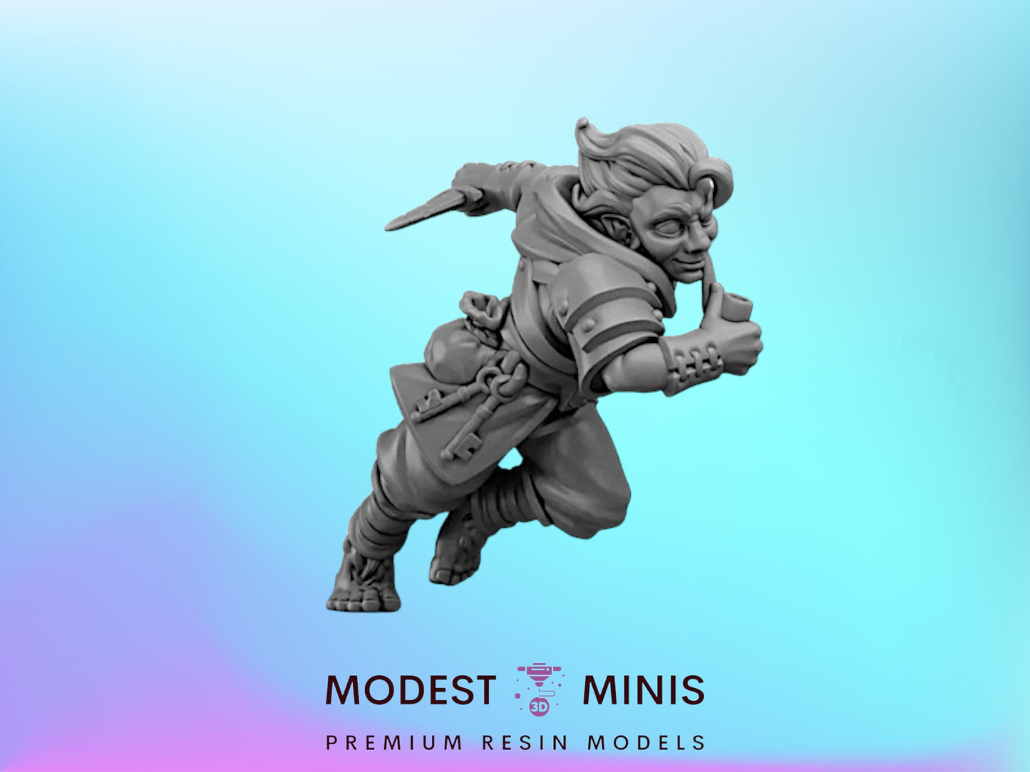A 3D model of a character with a sword and shield, set against a gradient background.