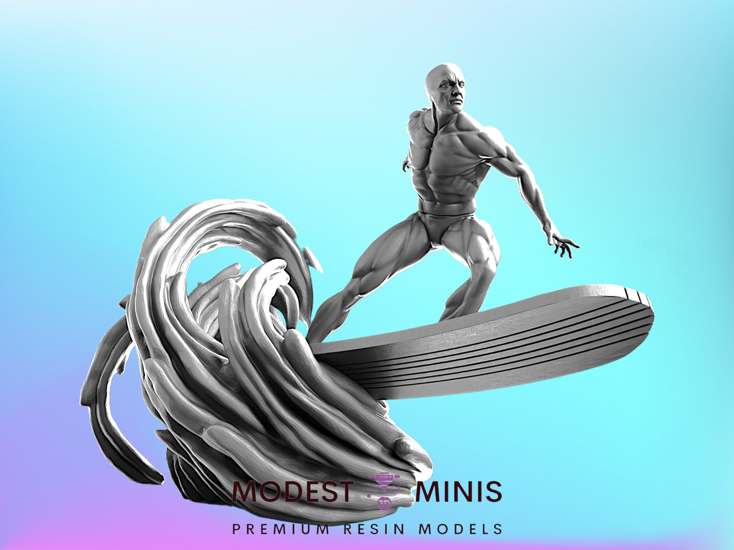 A 3D model of a muscular surfer riding a wave, with a wave-like structure beneath him.