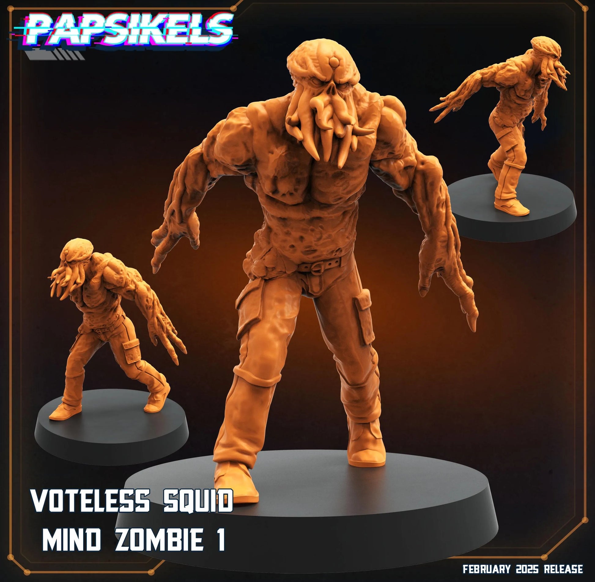 The image is a collage of three different views of a Voteless Squid character from the Mind Zombie series, with the character in various poses and stances.