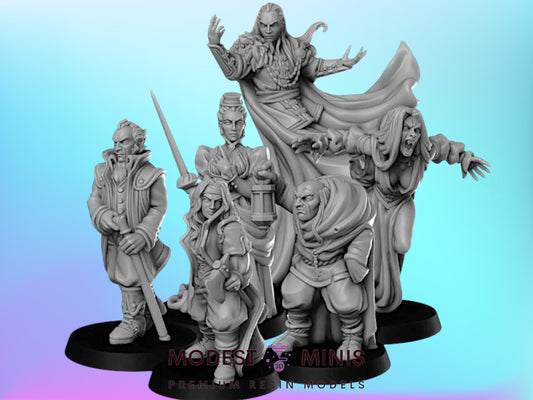 a group of five figurines, each with unique poses and expressions, set against a blue background.