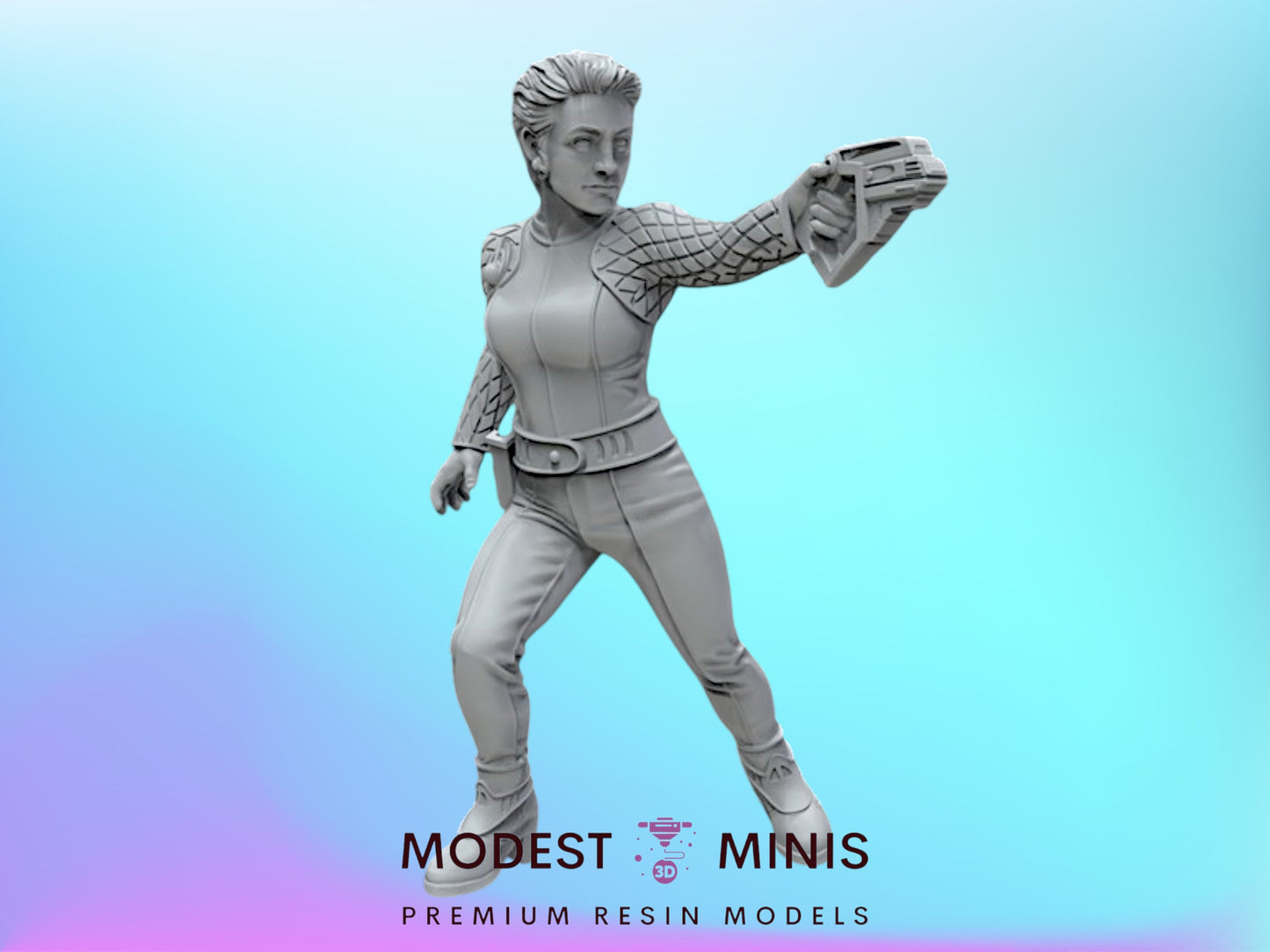 A statue of a woman in a futuristic outfit, holding a weapon, against a blue background.