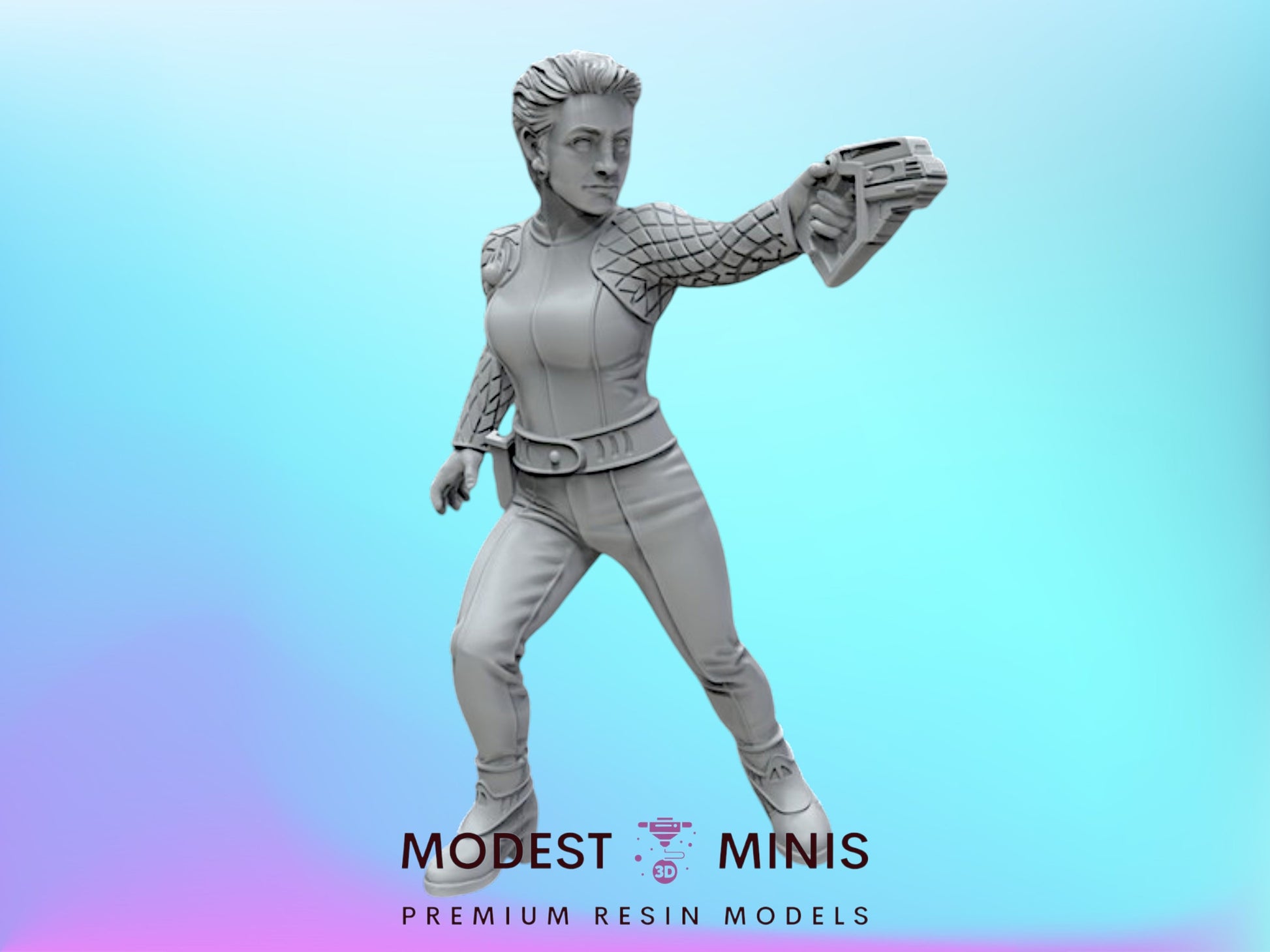 A statue of a woman in a futuristic outfit, holding a weapon, against a blue background.
