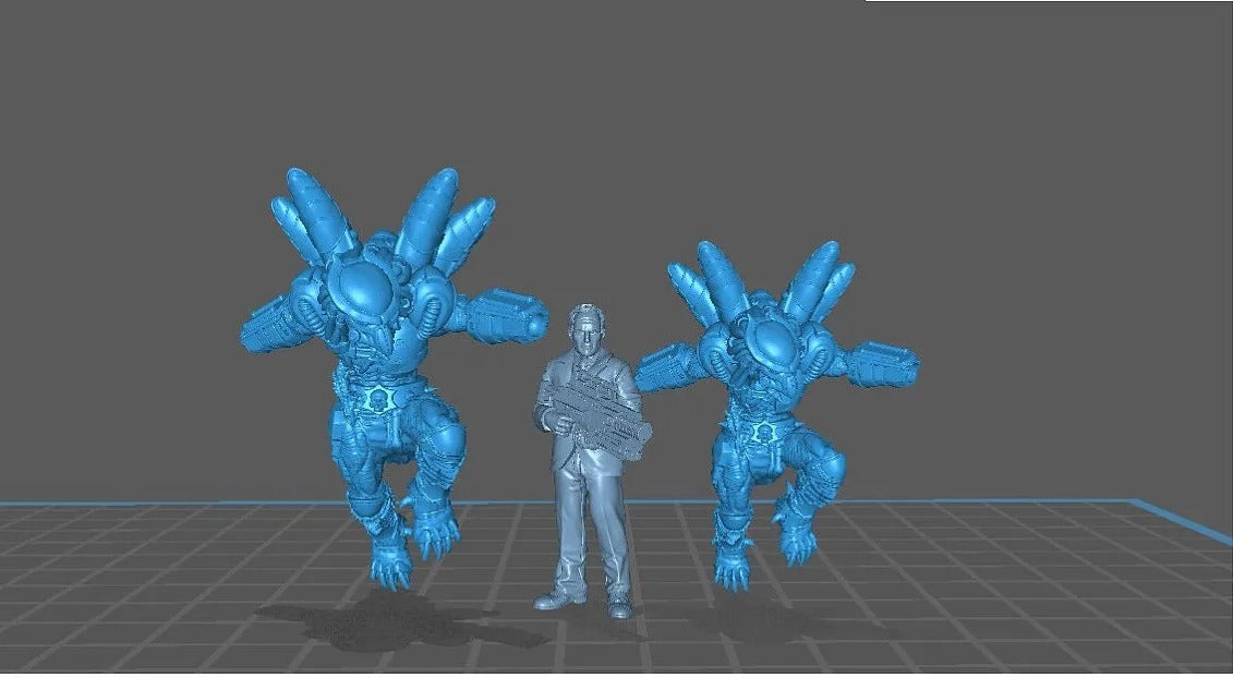 A 3D model of a humanoid robot with a human-like appearance, standing next to two blue humanoid robots.