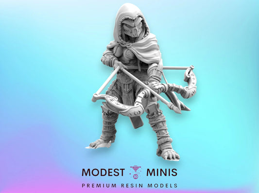 A 3D model of a character with a hooded cloak, holding a bow and arrow, against a blue gradient background.