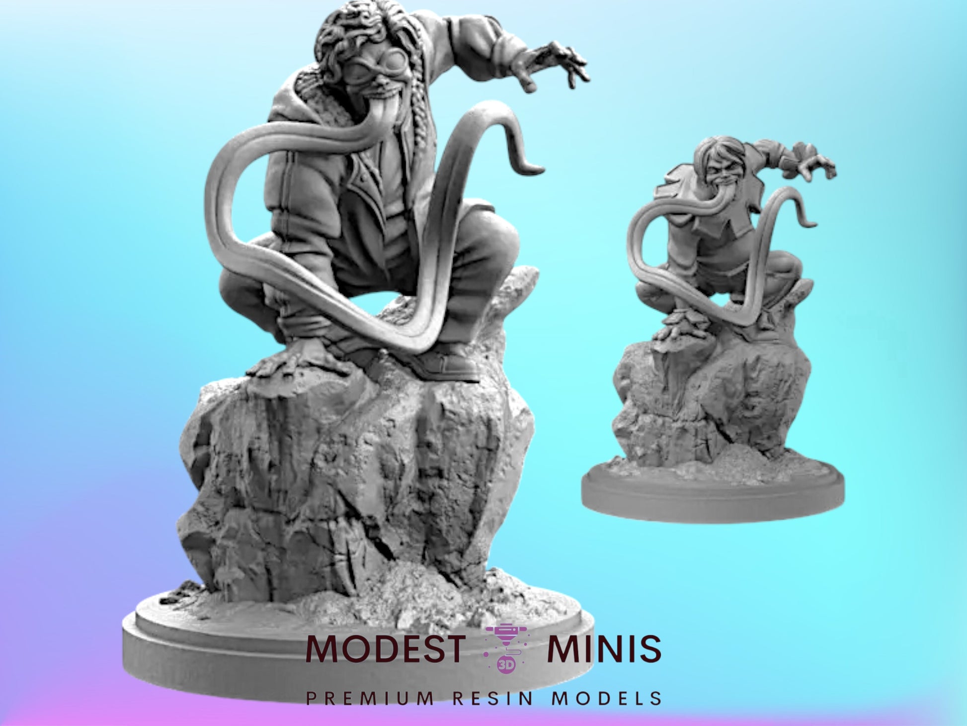 two sculptures of a character with a long, flexible tongue, sitting on a rock formation.