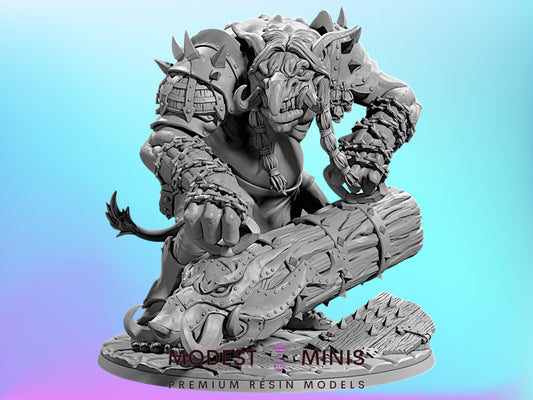 A detailed 3D model of a fantastical creature, possibly a dragon or serpent, with intricate armor and weapons. The creature is depicted in a dynamic pose, with its head lowered and surrounded by various objects. The image is described as a "Premium resin models" and is a part of the "Modest & Miniis" series.