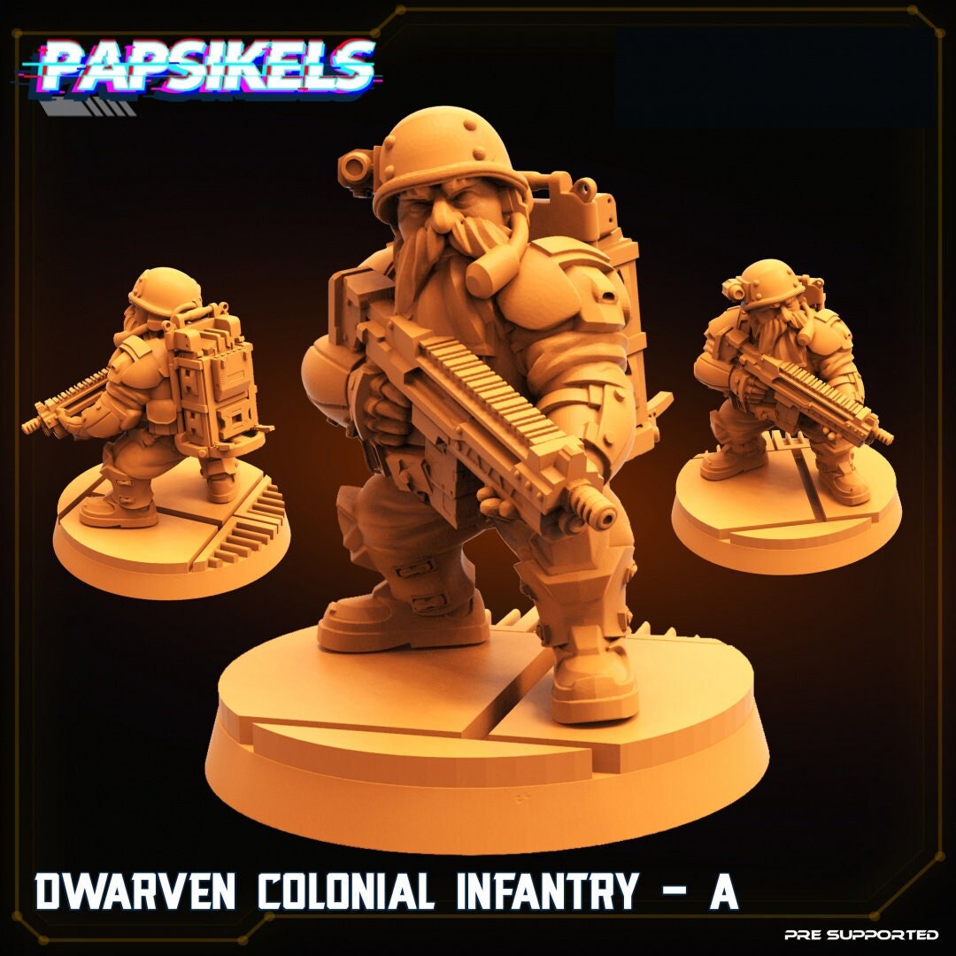 Dwarf Colonial Infantry - 32mm Scale Alien Miniature | RPG | Sci fi | Cyberpunk | Role Playing | DnD | Papsikel