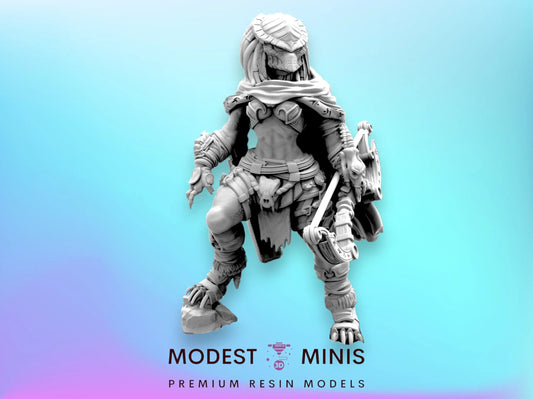 A 3D model of a female character with a fierce expression, wearing a cape and holding a weapon, against a blue background.