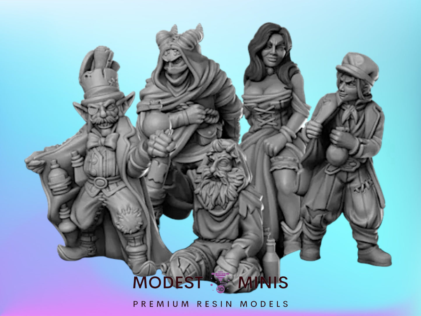 five figurines of fantasy characters, including a dragon, a woman, a man, a woman, and a man, all posed together against a blue background.