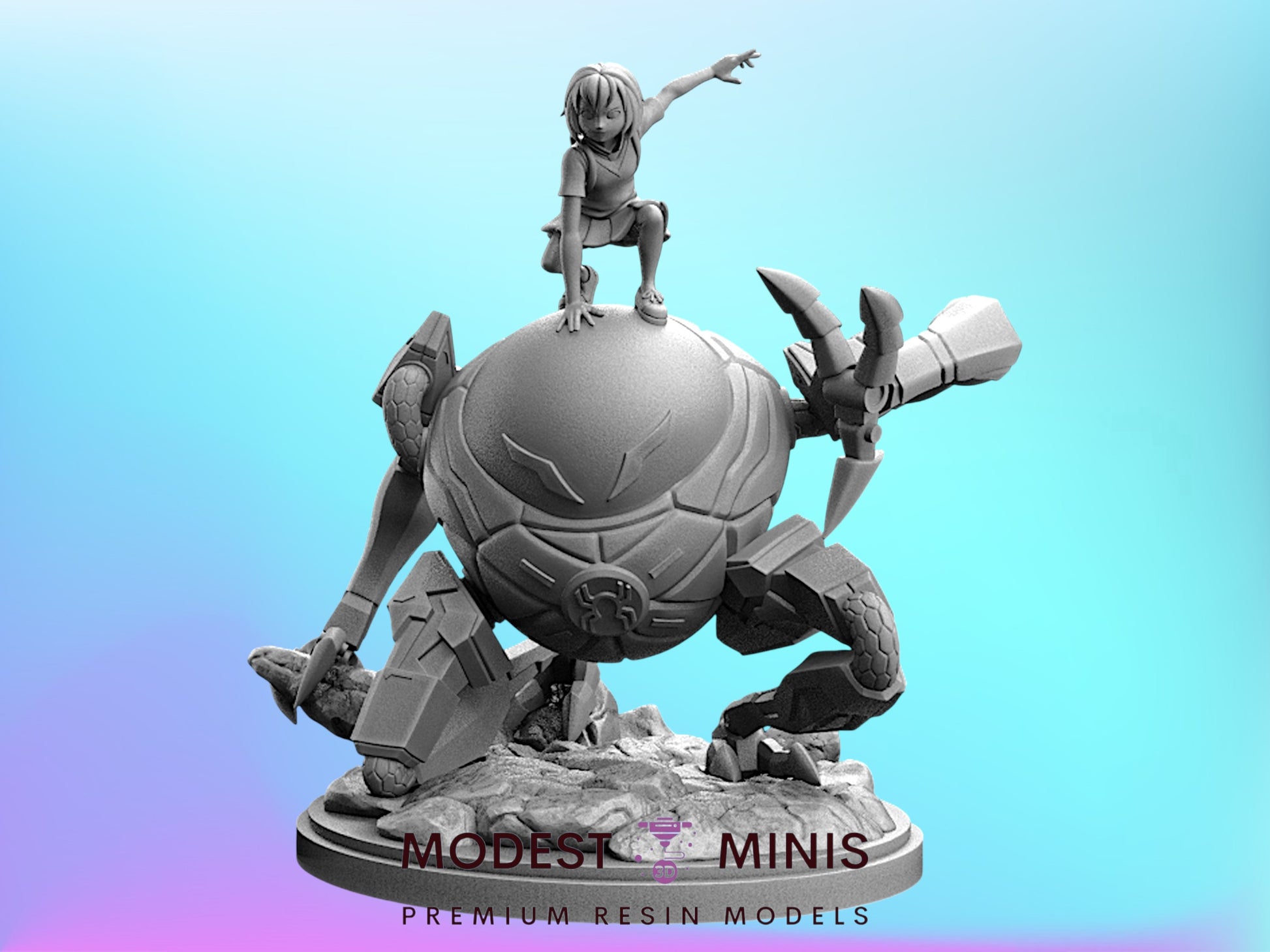 A 3D model of a character standing on top of a large, spherical robot-like object.
