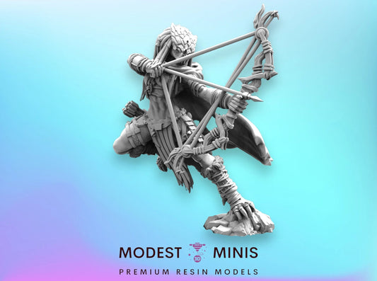 A 3D model of a character holding a bow and arrow, with a detailed and intricate design.