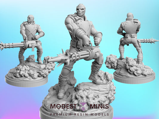 three 3D models of soldiers, each holding a large gun. The models are set against a blue background, and the image is described as a collage of multiple images.