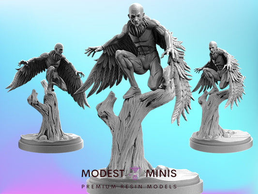three detailed sculptures of winged creatures, likely mythical or fantastical, set against a blue background.