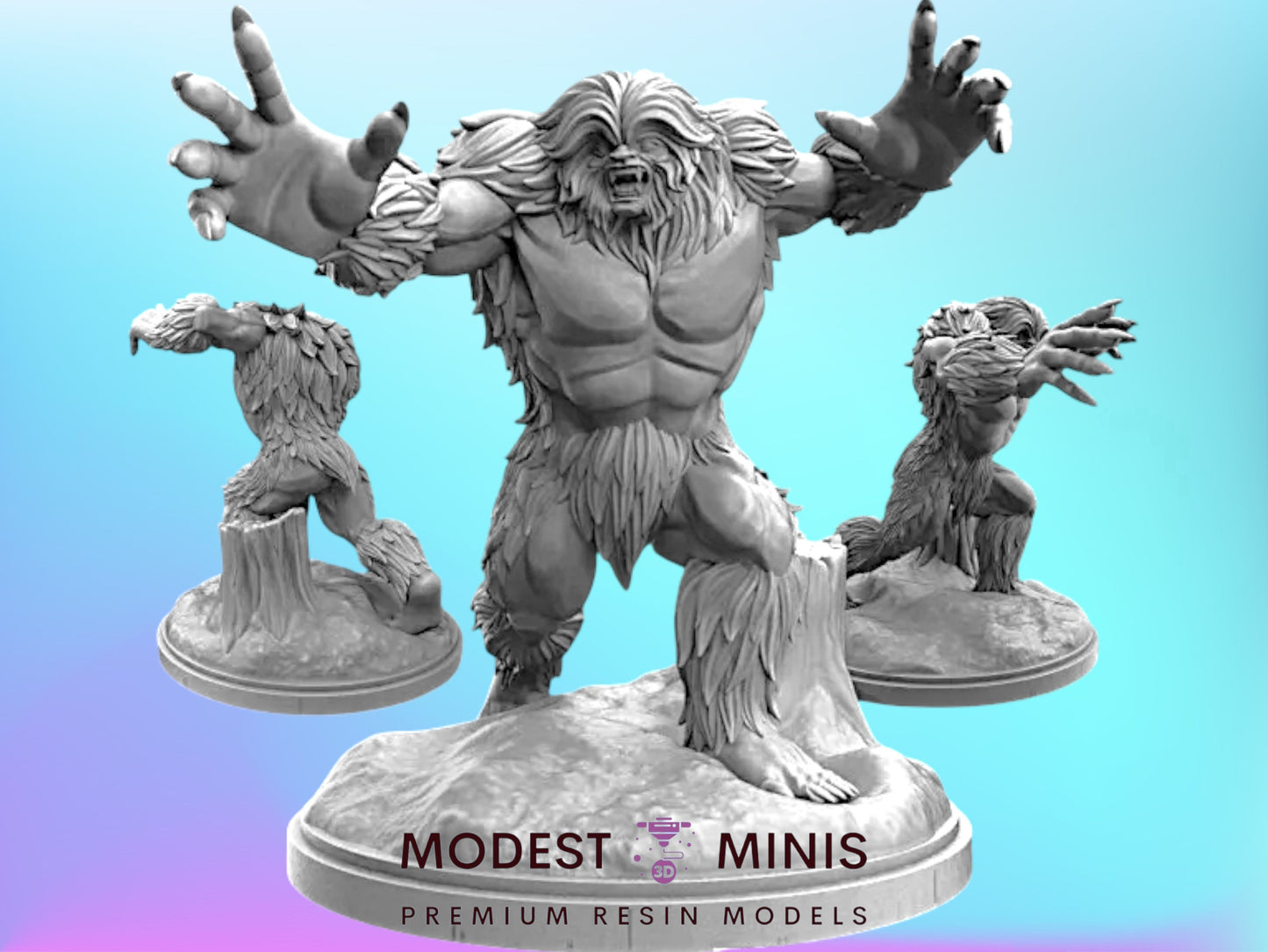 a 3D model of a large, furry creature with outstretched arms, surrounded by smaller models of the same creature.