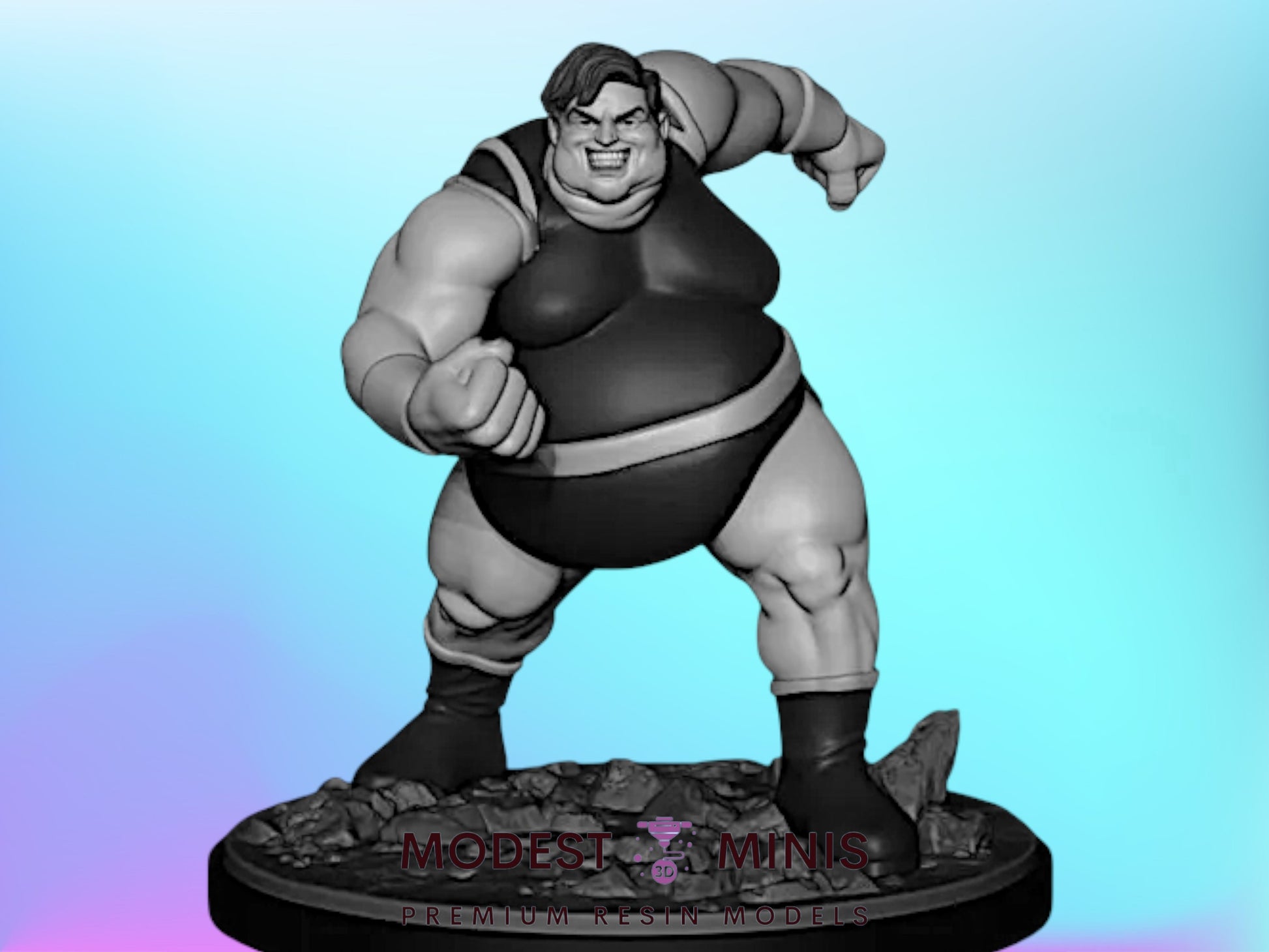 A black and white 3D model of a muscular, overweight character with a determined expression, standing on a platform.