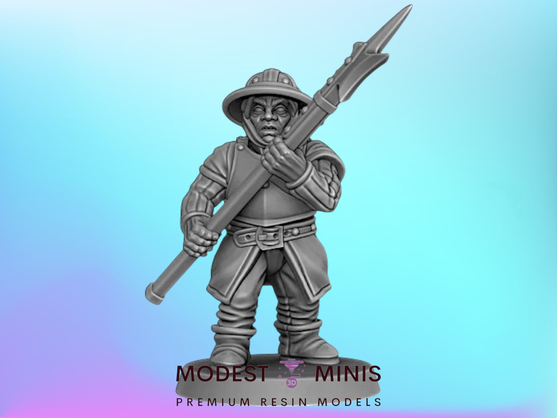 A figurine of a medieval-style warrior standing in a fighting stance, holding a large weapon.
